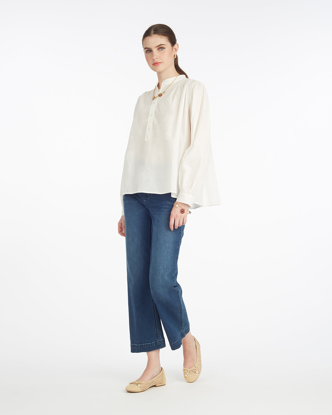 Pleated Button Down in Cotton Dobby in White